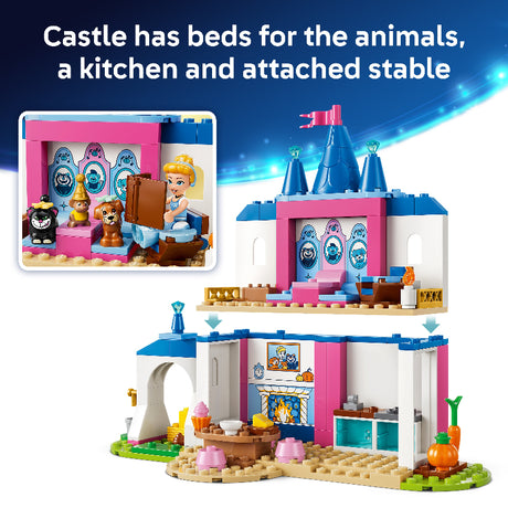 Toy castle set with rooms, kitchen, and stable, featuring a princess and animals on a blue and white background.