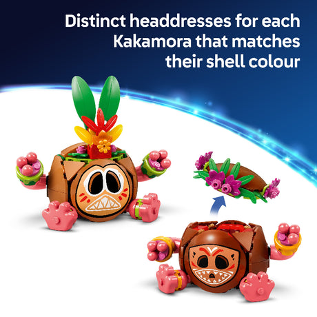 Toy figure with colorful headdress and shell, featuring text about distinct headdresses for Kakamora toys.