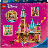 LEGO Disney Princess castle set packaging with multiple views on a pink background