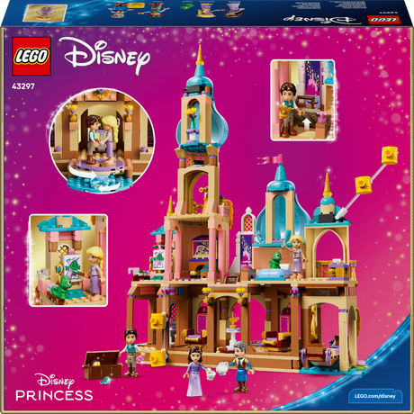 LEGO Disney Princess castle set packaging with multiple views on a pink background