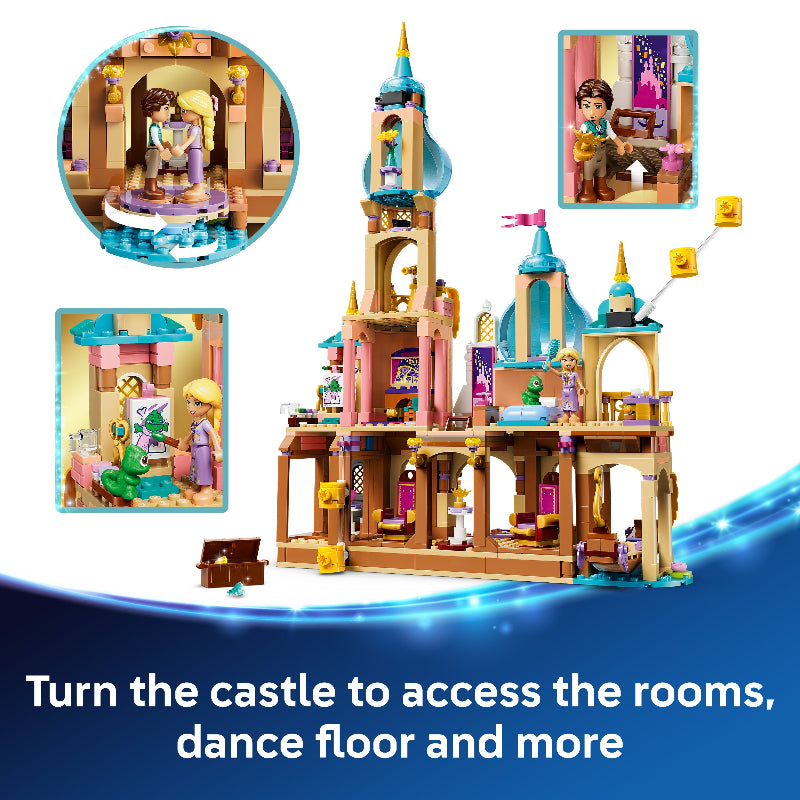 Toy castle set with various rooms and characters, featuring text 'Turn the castle to access the rooms, dance floor and more'.