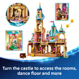 Toy castle set with various rooms and characters, featuring text 'Turn the castle to access the rooms, dance floor and more'.