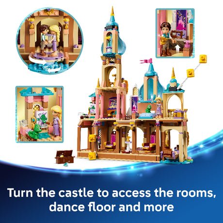 Toy castle set with various rooms and characters, featuring text 'Turn the castle to access the rooms, dance floor and more'.