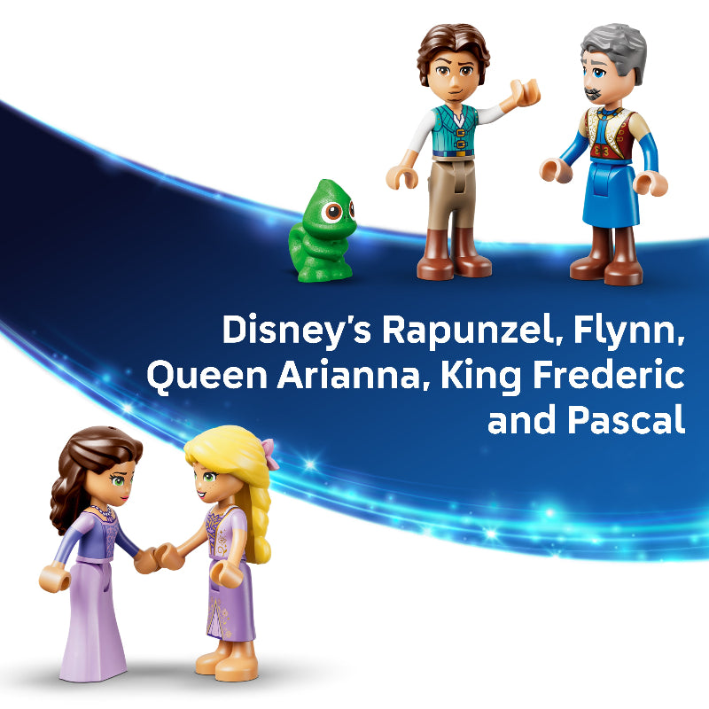 Toy figures of Disney characters including Rapunzel, Flynn, Queen Arianna, King Frederic, and Pascal on a blue background.