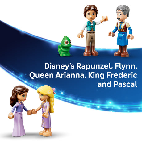 Toy figures of Disney characters including Rapunzel, Flynn, Queen Arianna, King Frederic, and Pascal on a blue background.