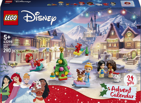 LEGO Disney Advent Calendar 43298 box, featuring a snowy winter village scene with LEGO Disney characters, a Christmas tree, sleighs, mountains, and the LEGO and Disney logos on the front.