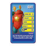 A collectible character card for Guff from Top Trumps Only, featuring a blue border, a cartoon illustration of a red, orange, and teal furry character with a gold star, and stat bars on a light blue background.