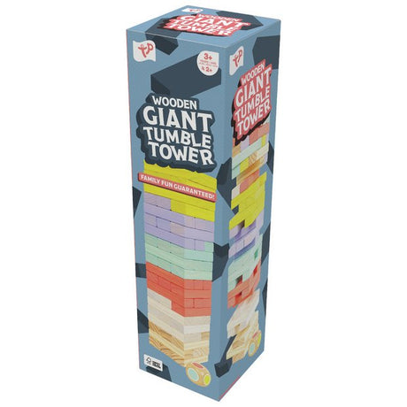 Box of Wooden Giant Tumble Tower with colorful blocks on a white background