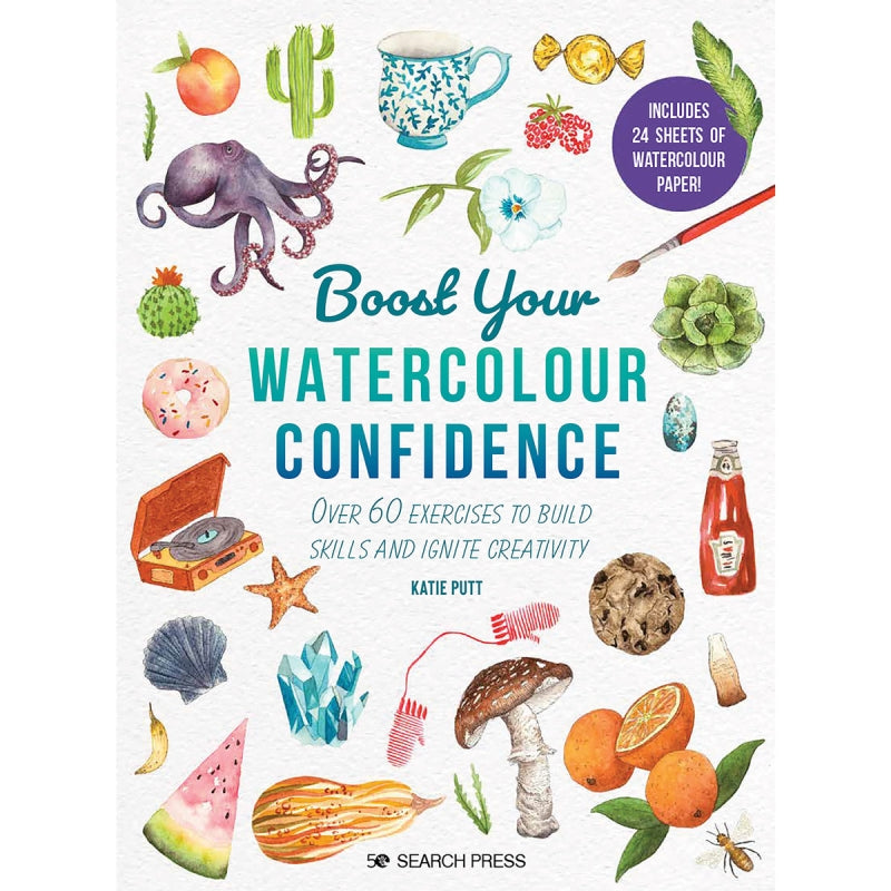 Book cover of 'Boost Your Watercolour Confidence' with illustrations and text on a white background