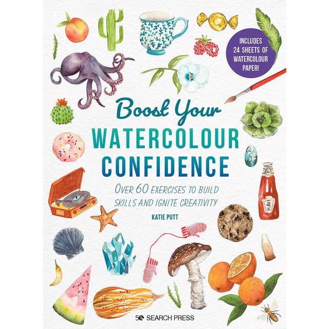 Book cover of 'Boost Your Watercolour Confidence' with illustrations and text on a white background