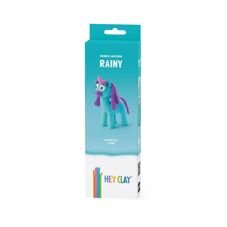 Packaged toy unicorn with 'Hey Clay' branding on a white background