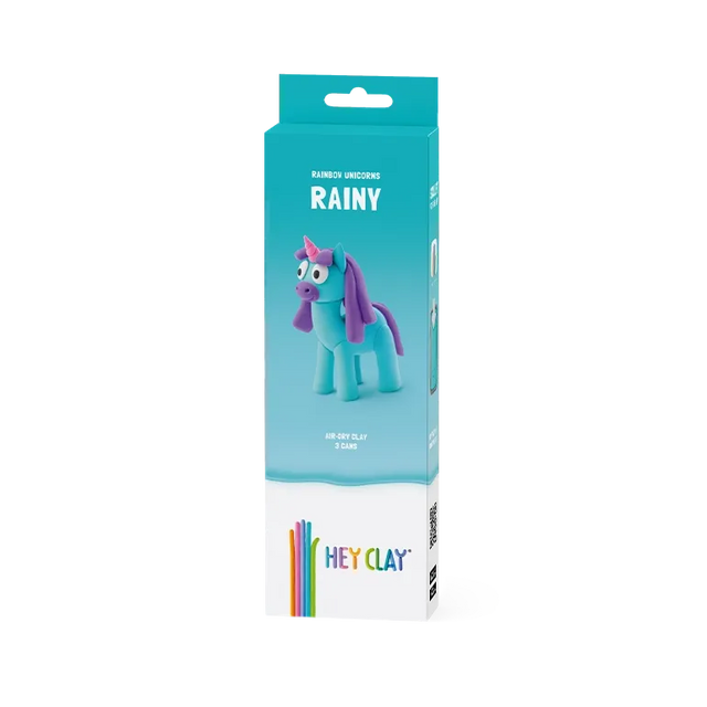 Packaged toy unicorn with 'Hey Clay' branding on a white background