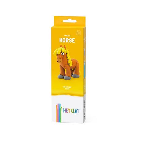 Packaging of Hey Clay horse figurine on a white background