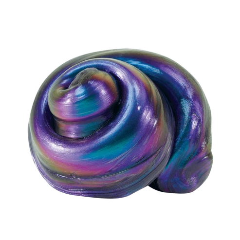 A single glossy, swirled slime ball with an iridescent finish, showing purple, blue, teal, and hints of green on a plain white background.