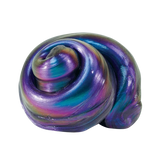 A single glossy, swirled slime ball with an iridescent finish, showing purple, blue, teal, and hints of green on a plain white background.