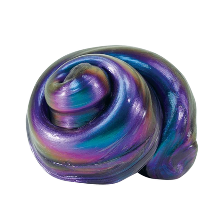 A single glossy, swirled slime ball with an iridescent finish, showing purple, blue, teal, and hints of green on a plain white background.