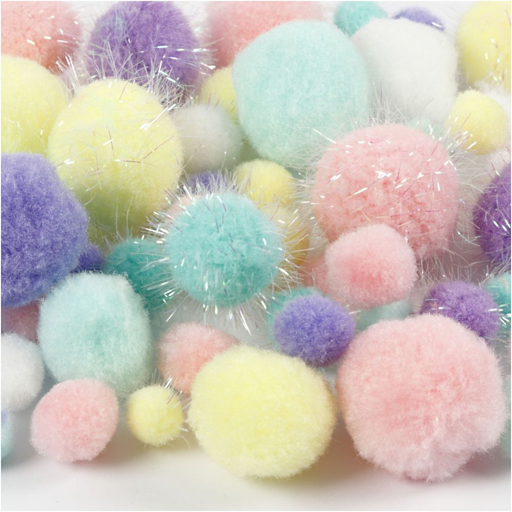 Pompoms 15-40mm - Pastel Colours Glitter (400 Pieces)