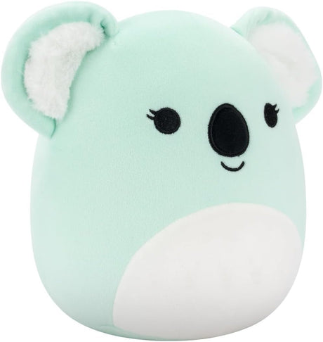 Plush toy koala with a light green body and white ears on a white background