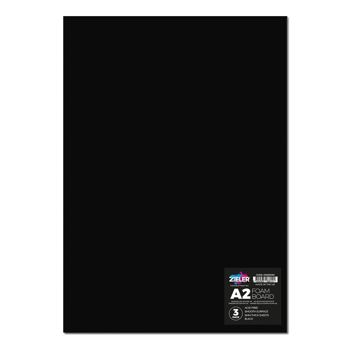 A black A2 foam board sheet with a small white and blue Zieler brand label in the bottom right corner, shown against a plain white background.