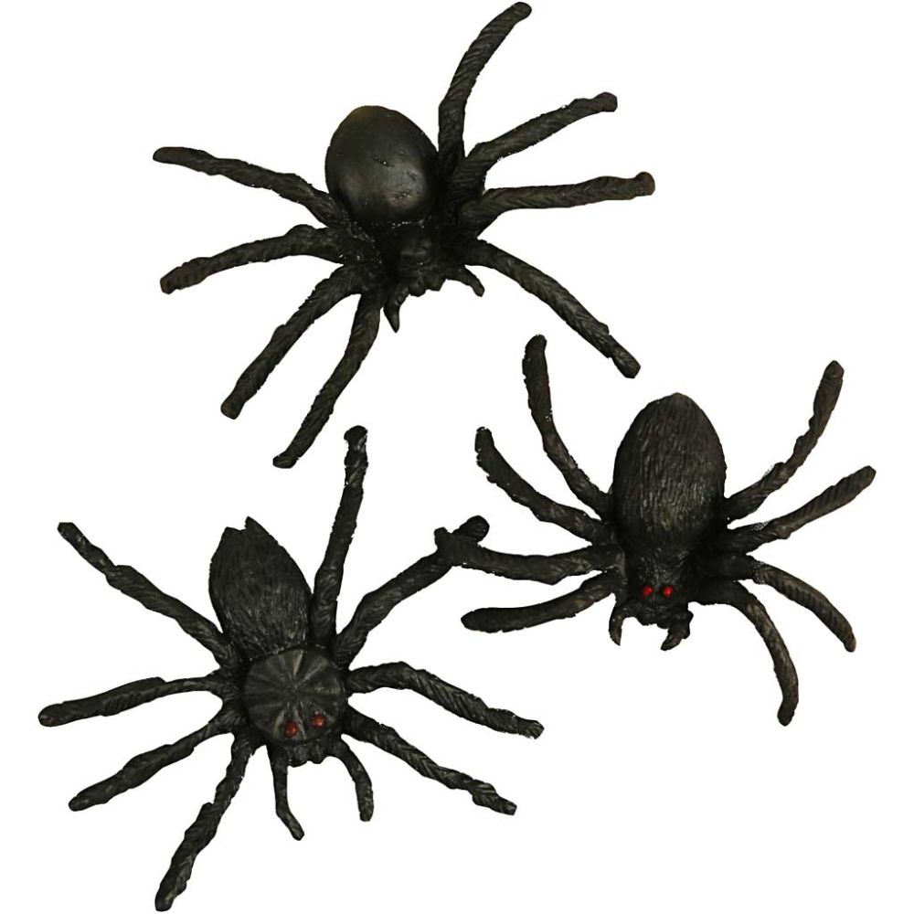 Three black spider toys on a white background