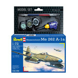 Revell Messerschmitt Me 262 A-1a model kit set in its original blue and white retail box, featuring a 1:72 scale model airplane and included paint pots and brush.
