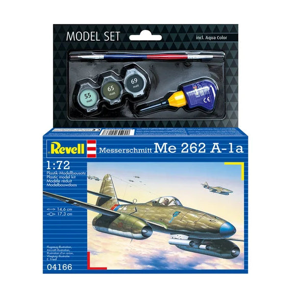 Revell Messerschmitt Me 262 A-1a model kit set in its original blue and white retail box, featuring a 1:72 scale model airplane and included paint pots and brush.