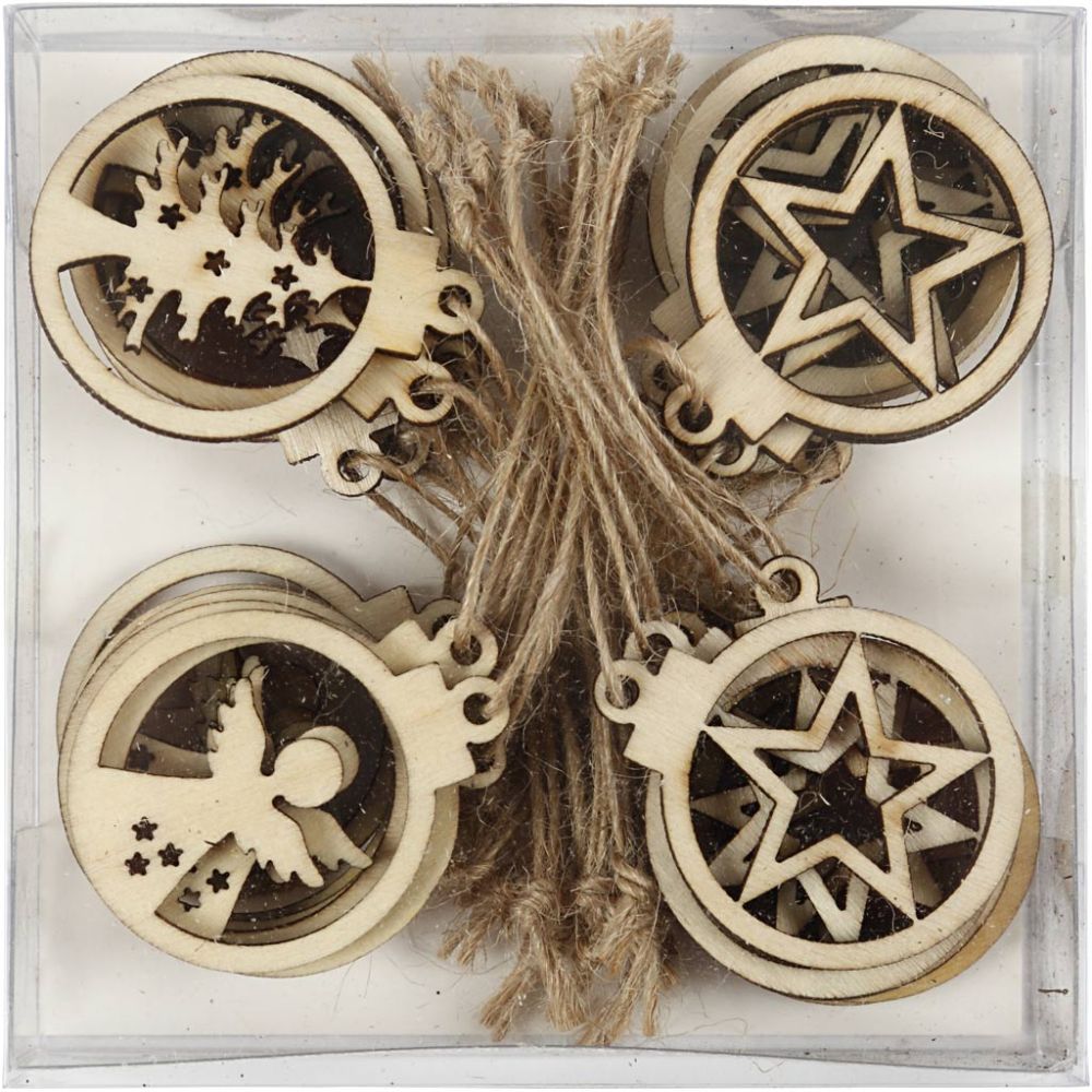 Wooden Hanging Christmas Ornaments (24 Pack)