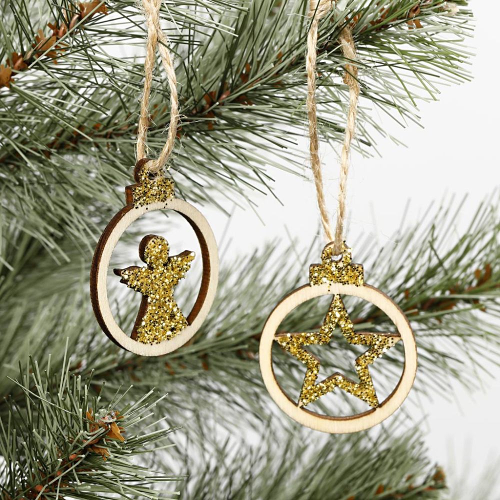 Wooden Hanging Christmas Ornaments (24 Pack)