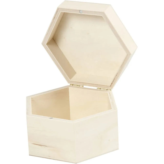 Hexagonal box of light wood with magnetic lock.
