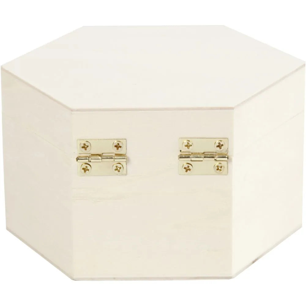 Hexagonal box of light wood with magnetic lock.