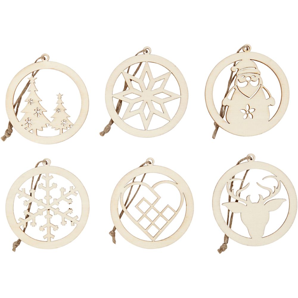 Wooden Christmas Ornaments 8cm (6 Pack)