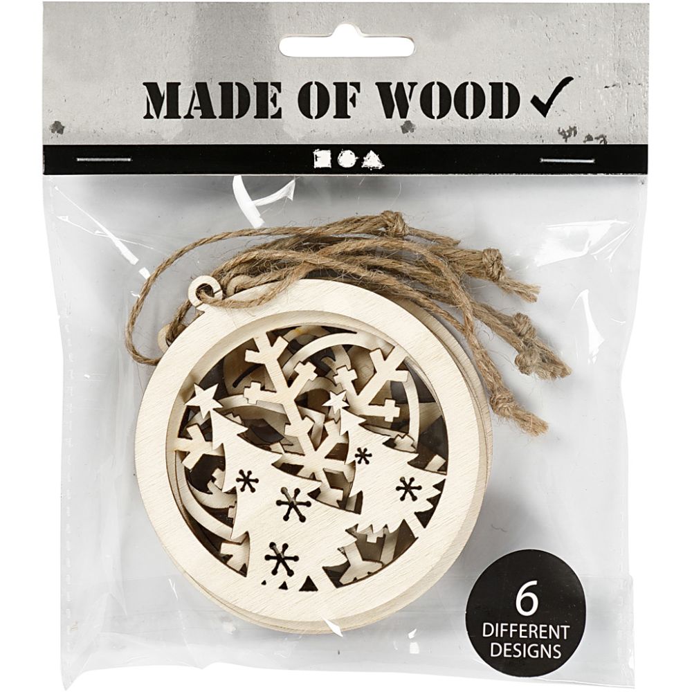 Wooden Christmas Ornaments 8cm (6 Pack)
