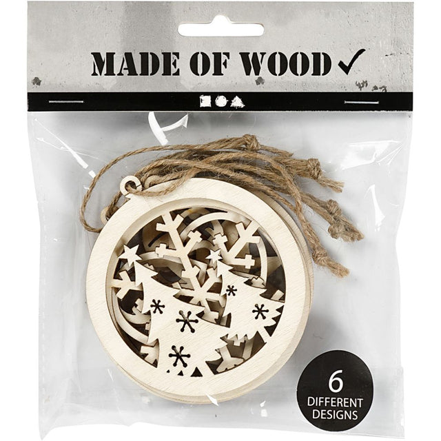 Wooden Christmas Ornaments 8cm (6 Pack)