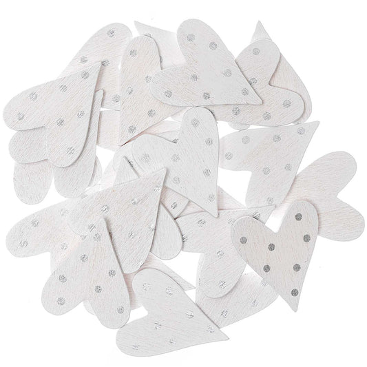 Wooden Litter Hearts 24 Pieces - White and Silver Dots
