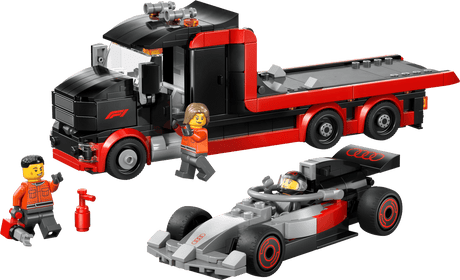 Toy tow truck and race car set with figures on a transparent background