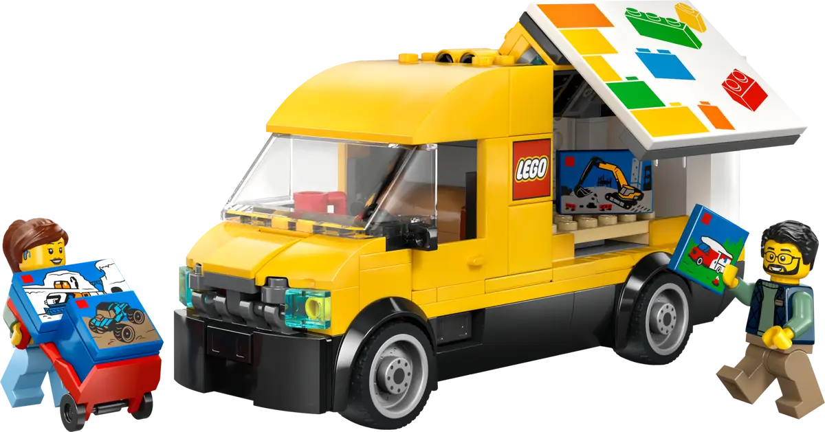 Yellow toy van with colorful roof, LEGO logo, and two figures holding books on a white background