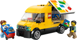 Yellow toy van with colorful roof, LEGO logo, and two figures holding books on a white background
