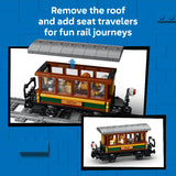 LEGO train set with instructions on removing roof and adding seat travelers on a blue background.