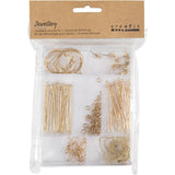 Jewelry starter kit with gold jewelry components in clear packaging on a white background
