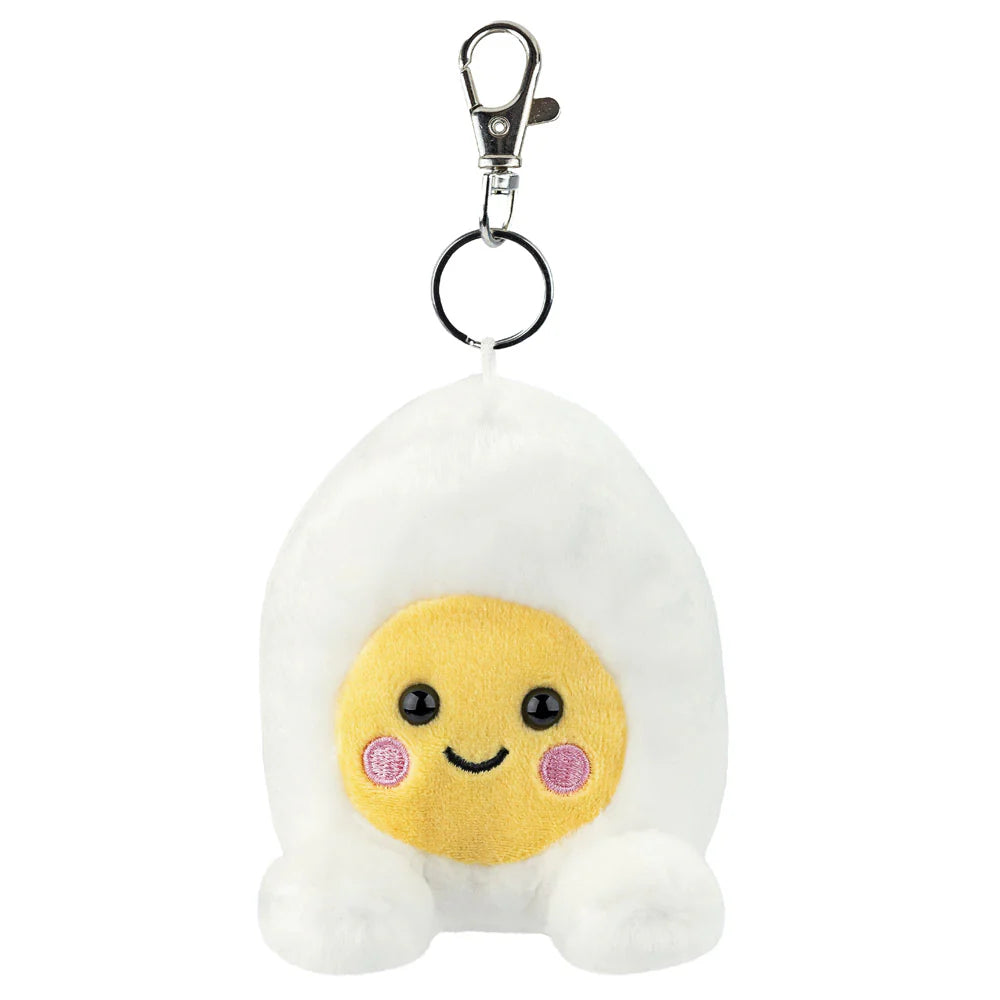 Plush keychain shaped like a smiley face egg on a white background