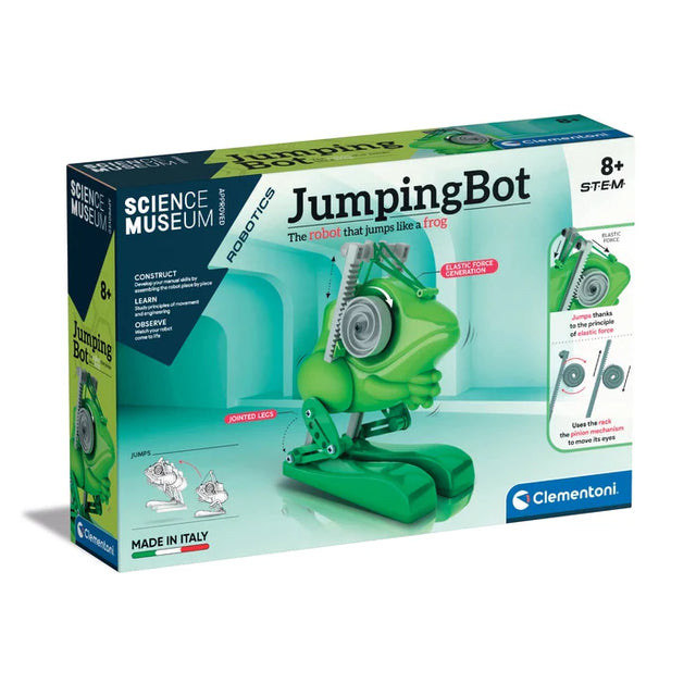 Clementoni JumpingBot Robotics toy set in its original retail packaging, featuring a green frog-shaped robot on a light teal and green box with white and black text.