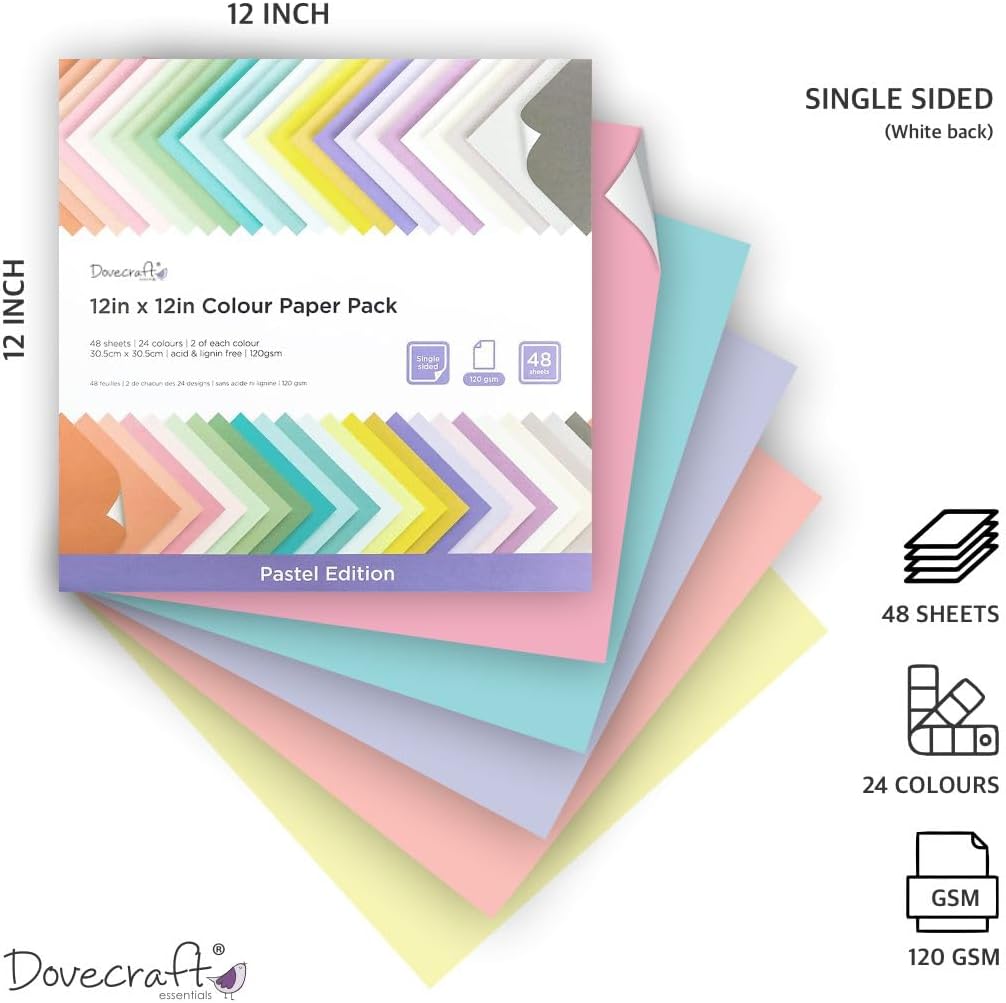 Dovecraft 12 x 12 Coloured Paper Pack - Pastel Edition (48 Sheets)