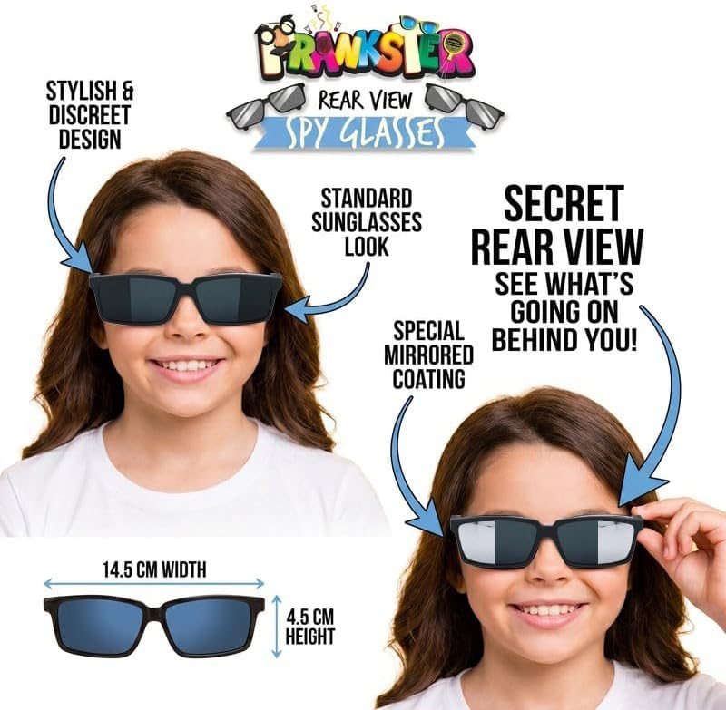 Promotional graphic for prankster rear view spy glasses showing a child wearing the product from the back, with text callouts about the stylish discreet design, standard sunglasses look, secret mirrored coating, and dimensions of the glasses on a white background.