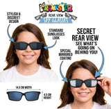 Promotional graphic for prankster rear view spy glasses showing a child wearing the product from the back, with text callouts about the stylish discreet design, standard sunglasses look, secret mirrored coating, and dimensions of the glasses on a white background.