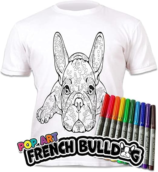 A white tshirt with a black drawing of a french bulldog with a pack of markers in the corner on a white background
