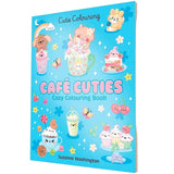 Colouring book titled 'Café Cuties' with cartoon illustrations on a blue background