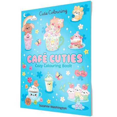 Colouring book titled 'Café Cuties' with cartoon illustrations on a blue background