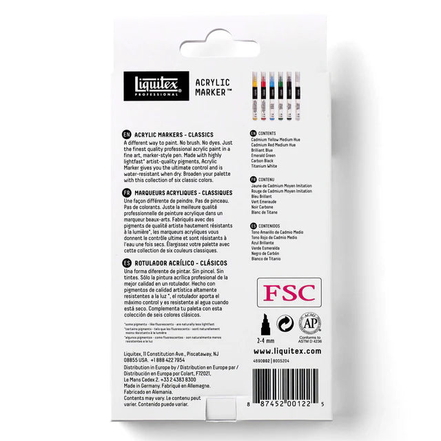 Liquitex Acrylic Marker Fine Tip Set 6x2mm - Classics