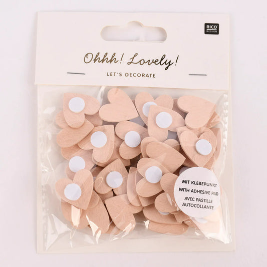 WOODEN STICKER HEART, POWDER 48 PCS