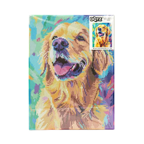 A diamond painting canvas featuring a colorful, pixelated portrait of a Golden Retriever dog. The canvas is shown in its clear plastic protective sleeve against a plain white background, with a brand sticker for 'DOTZ' in the upper right corner.